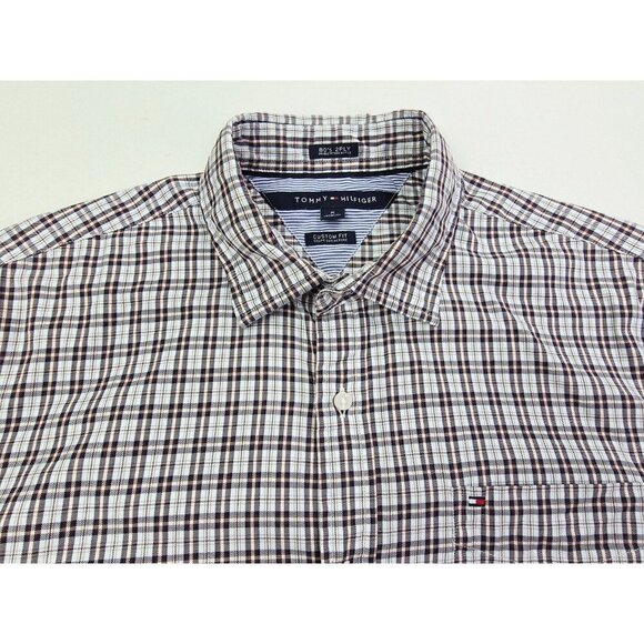 Tommy Hilfiger Custom Fit Medium Mens White Blue Burgundy Check Logo Long Sleeve - Picture 11 of 11